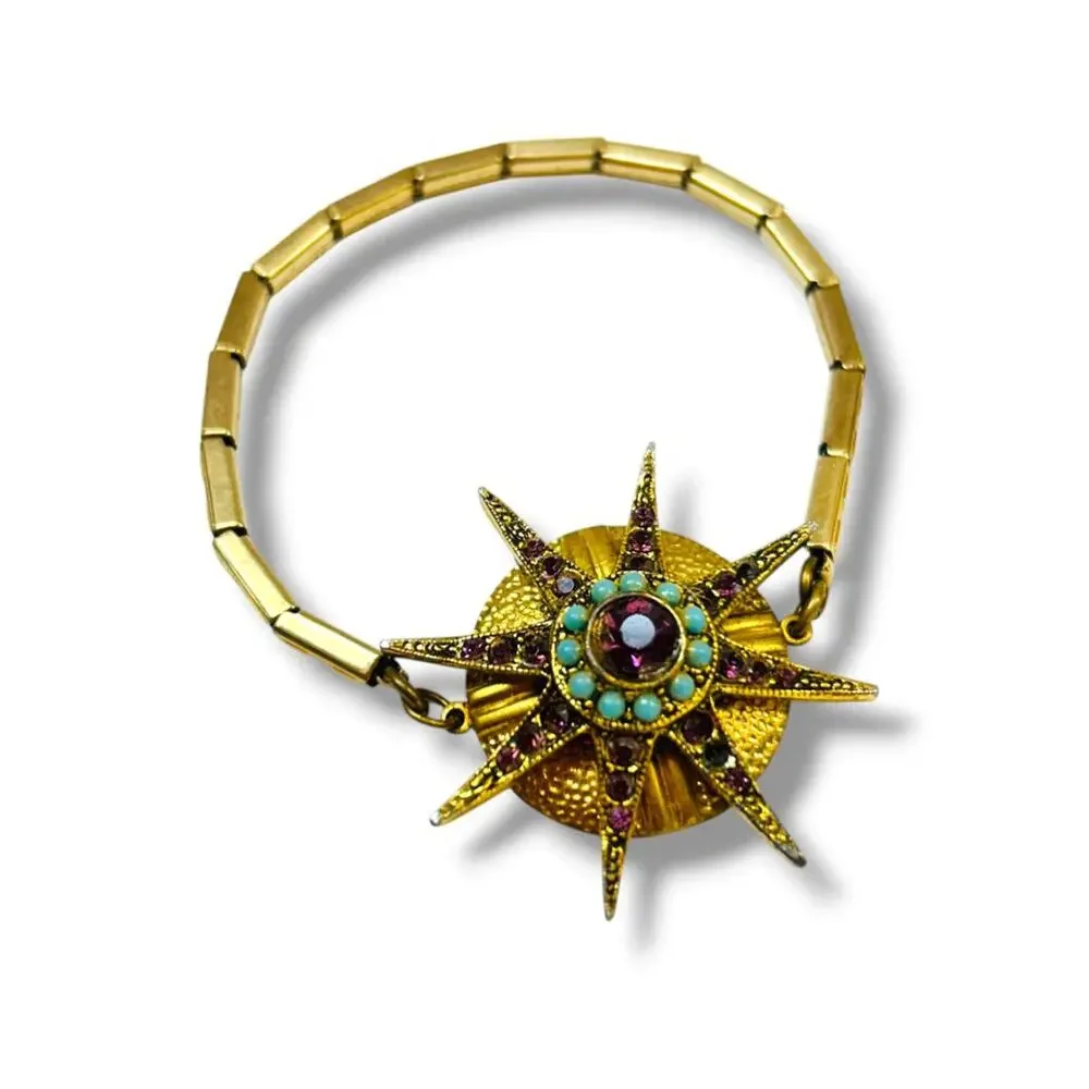 Set of 2 Goldtone Stretch Bracelets Faux Turquoise Starburst Retro Style